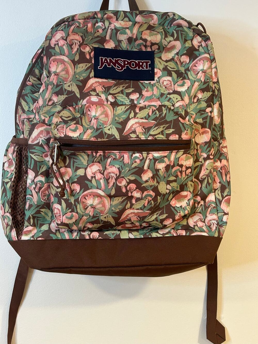 JanSport Student Backpack Brown Pink Mushroom Pattern School Travel Zipper